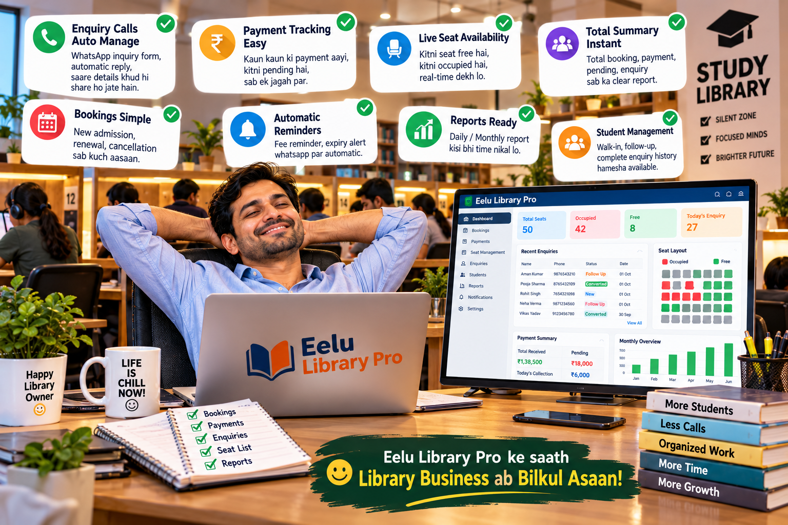Library owner managing seats and enquiries with ease
